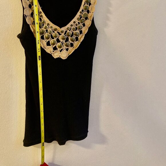 Black Tank Top With Tan Crochet Metal Beaded Bib Boho Size XS - Picture 9 of 10